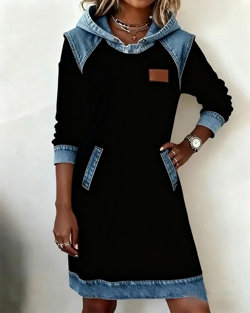 Women's Hooded Denim Trim Sweatshirt Dress