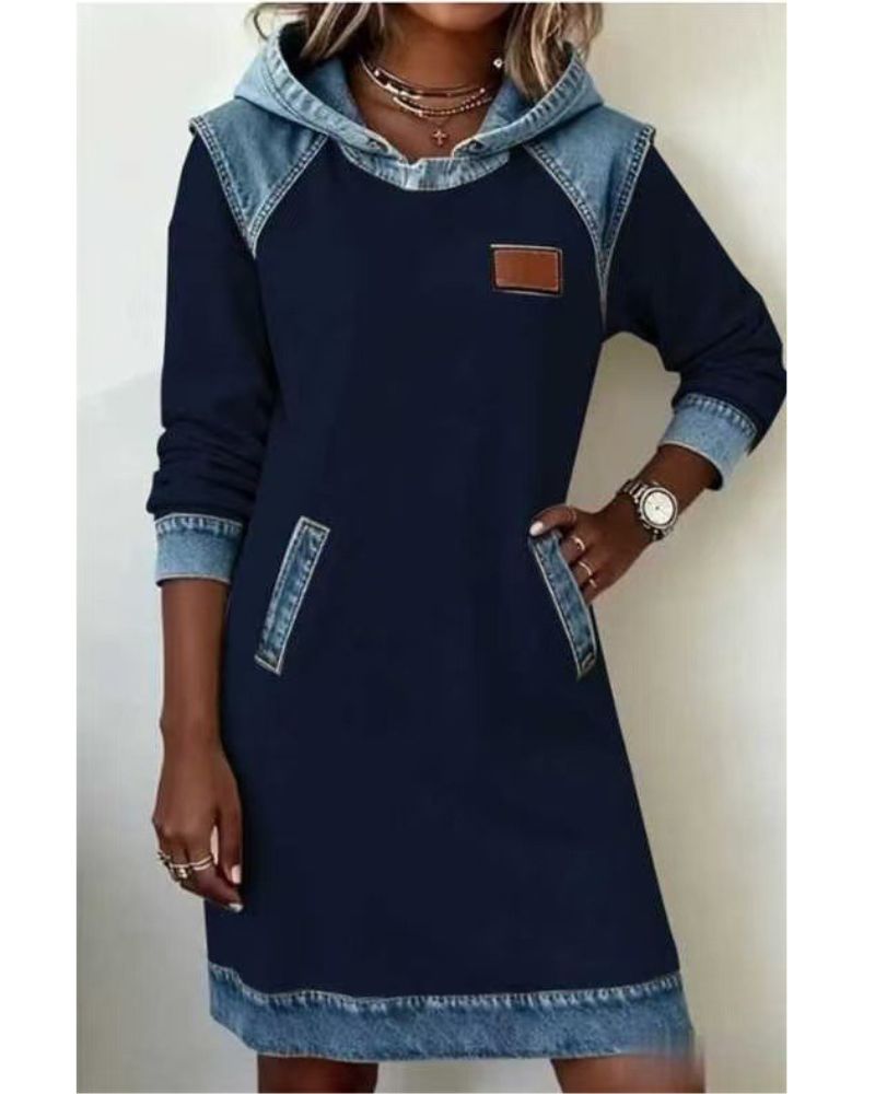 Women's Hooded Denim Trim Sweatshirt Dress
