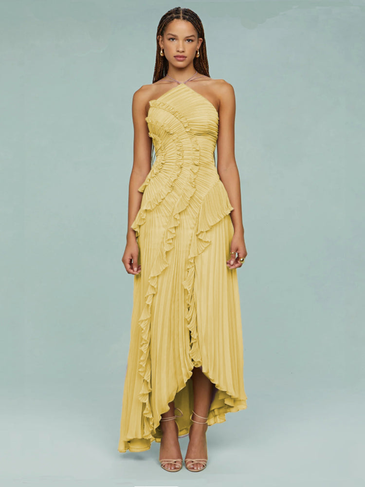 Women’s One-Shoulder Ruffle Maxi Dress with Pleated Asymmetrical Hem