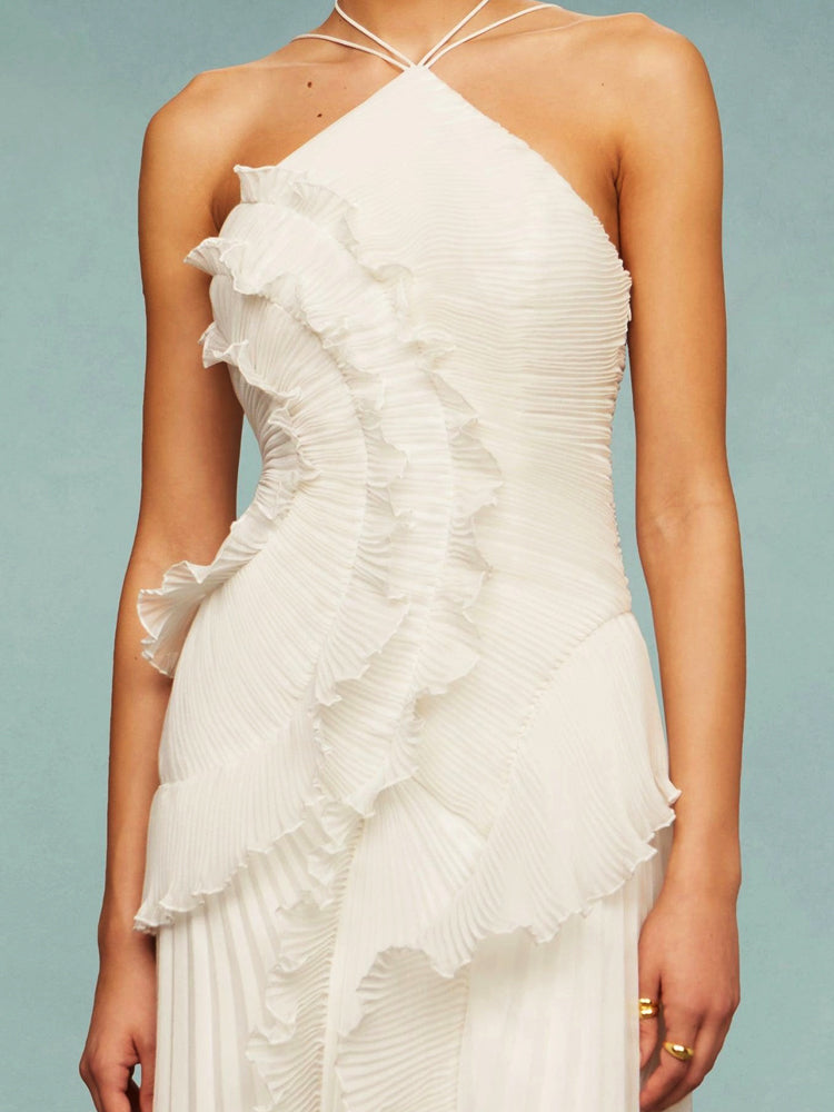 Women’s One-Shoulder Ruffle Maxi Dress with Pleated Asymmetrical Hem