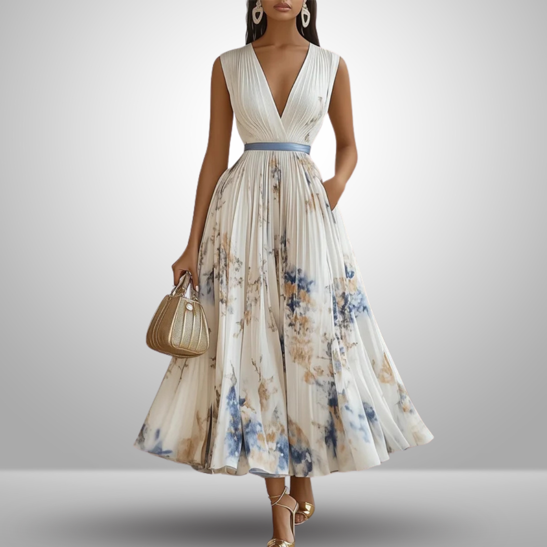 Women's Sleeveless Deep V-Neck Pleated Maxi Dress