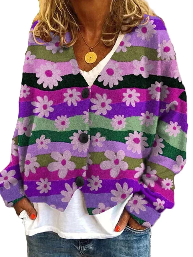Women’s Floral Stripe Button Cardigan Sweater