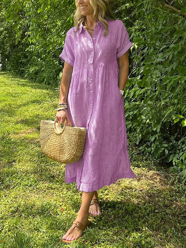 Women’s Relaxed Striped Midi Shirt Dress with Button Front and Side Pockets