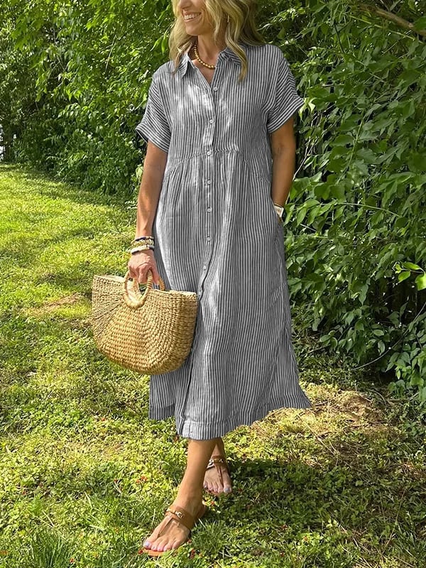Women's Button Front Striped Midi Dress with Pockets