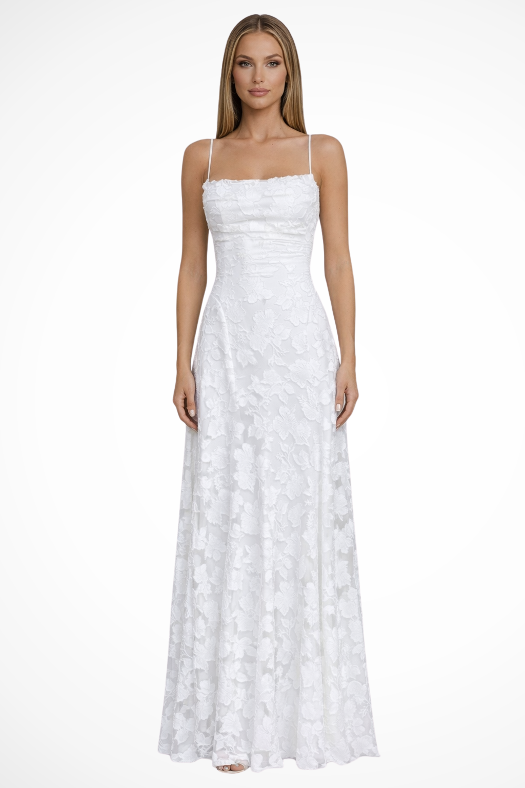 Elegant Lace Maxi Evening Dress for Women with Open Back and Flowy Silhouette