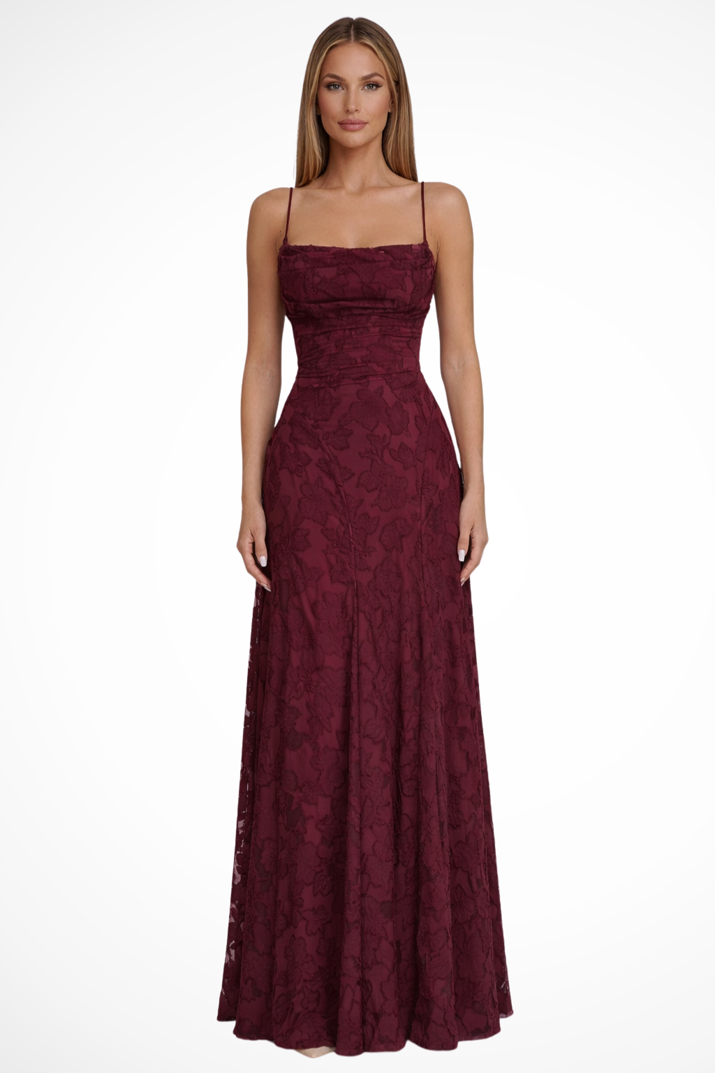 Elegant Lace Maxi Evening Dress for Women with Open Back and Flowy Silhouette