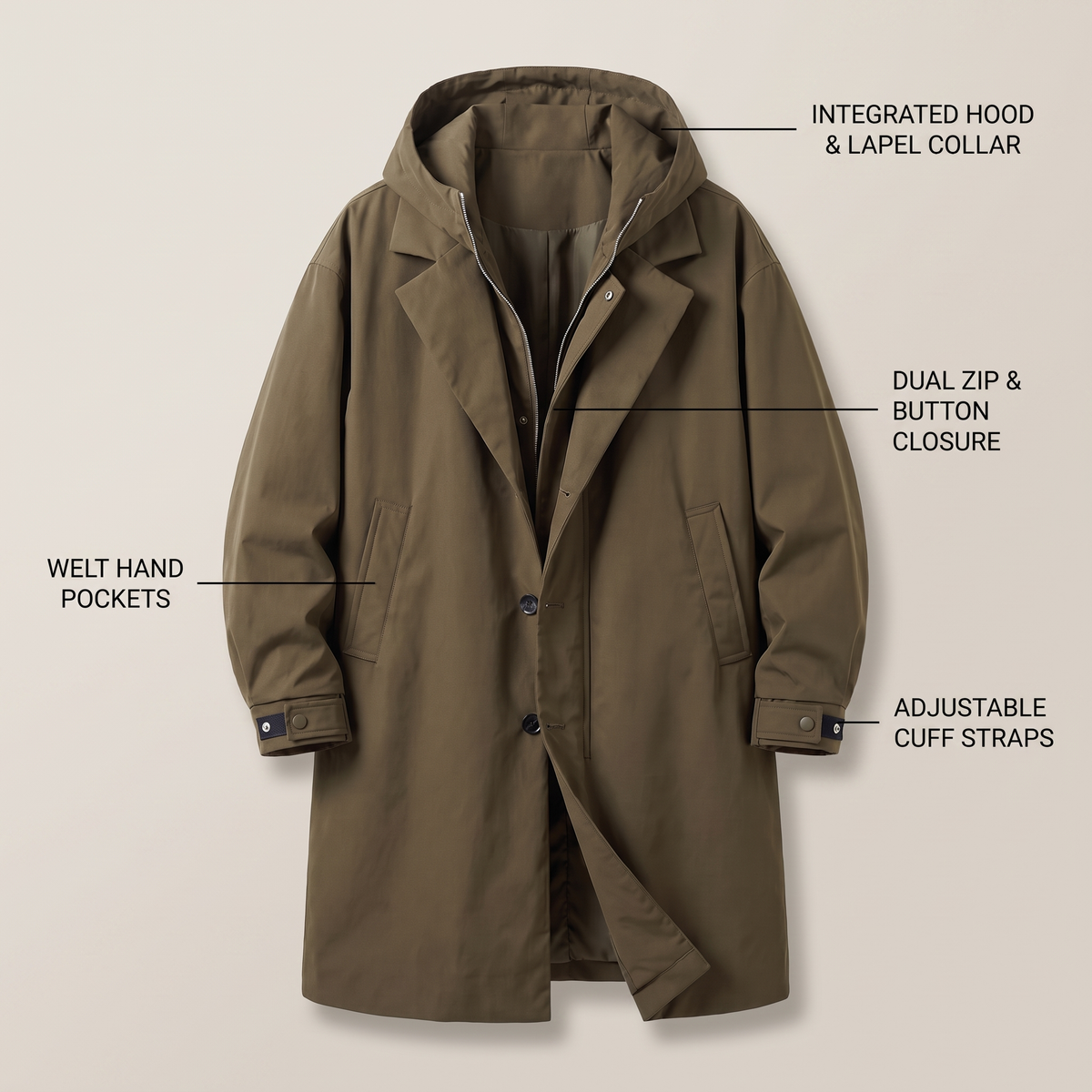 Men’s Hooded Waterproof Trench Coat
