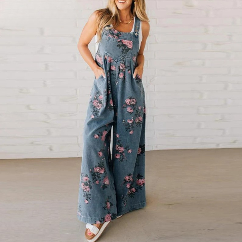 Women's Floral Print Wide Leg Overall Jumpsuit