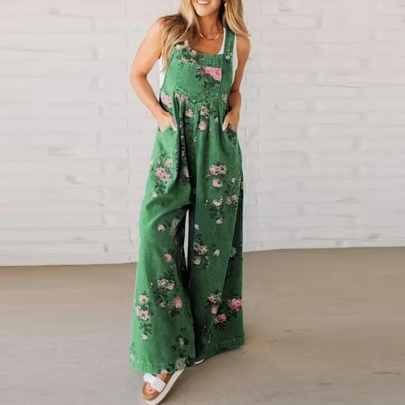 Women's Floral Print Wide Leg Overall Jumpsuit