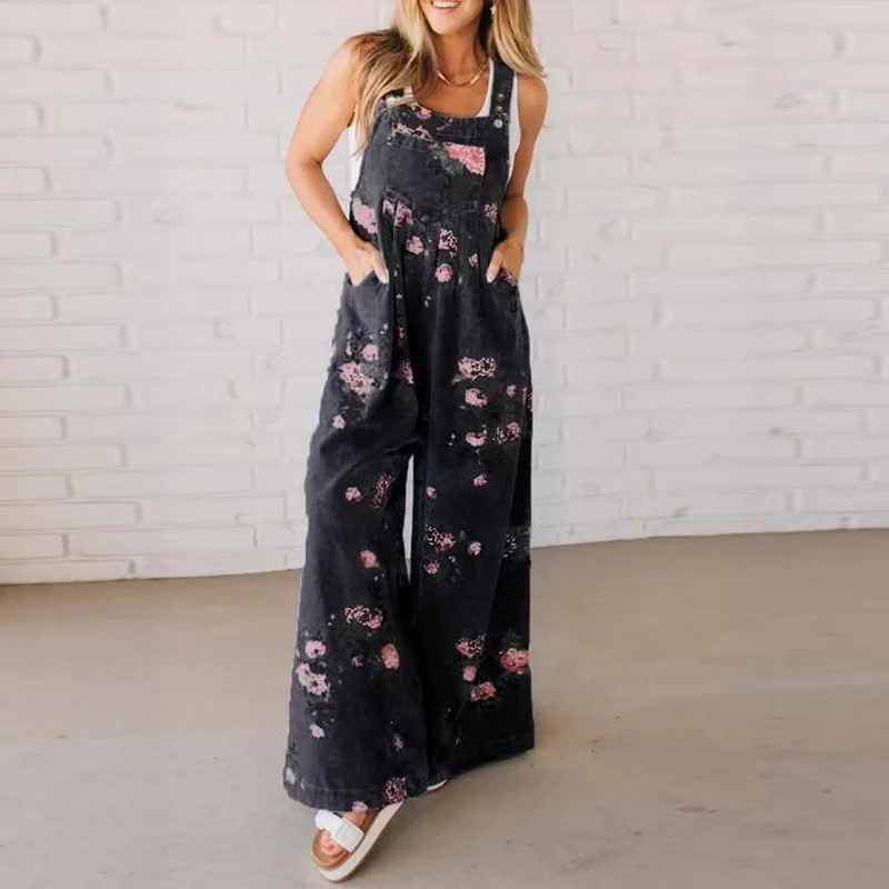 Women's Floral Print Wide Leg Overall Jumpsuit