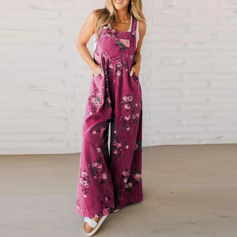 Women's Floral Print Wide Leg Overall Jumpsuit