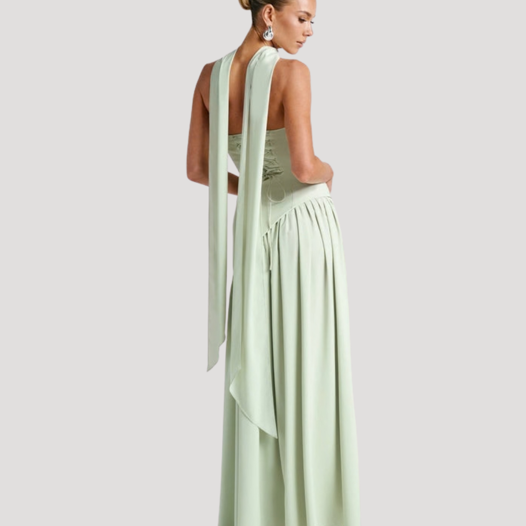 Women's Strapless High-Slit Evening Maxi Dress with Scarf Detail