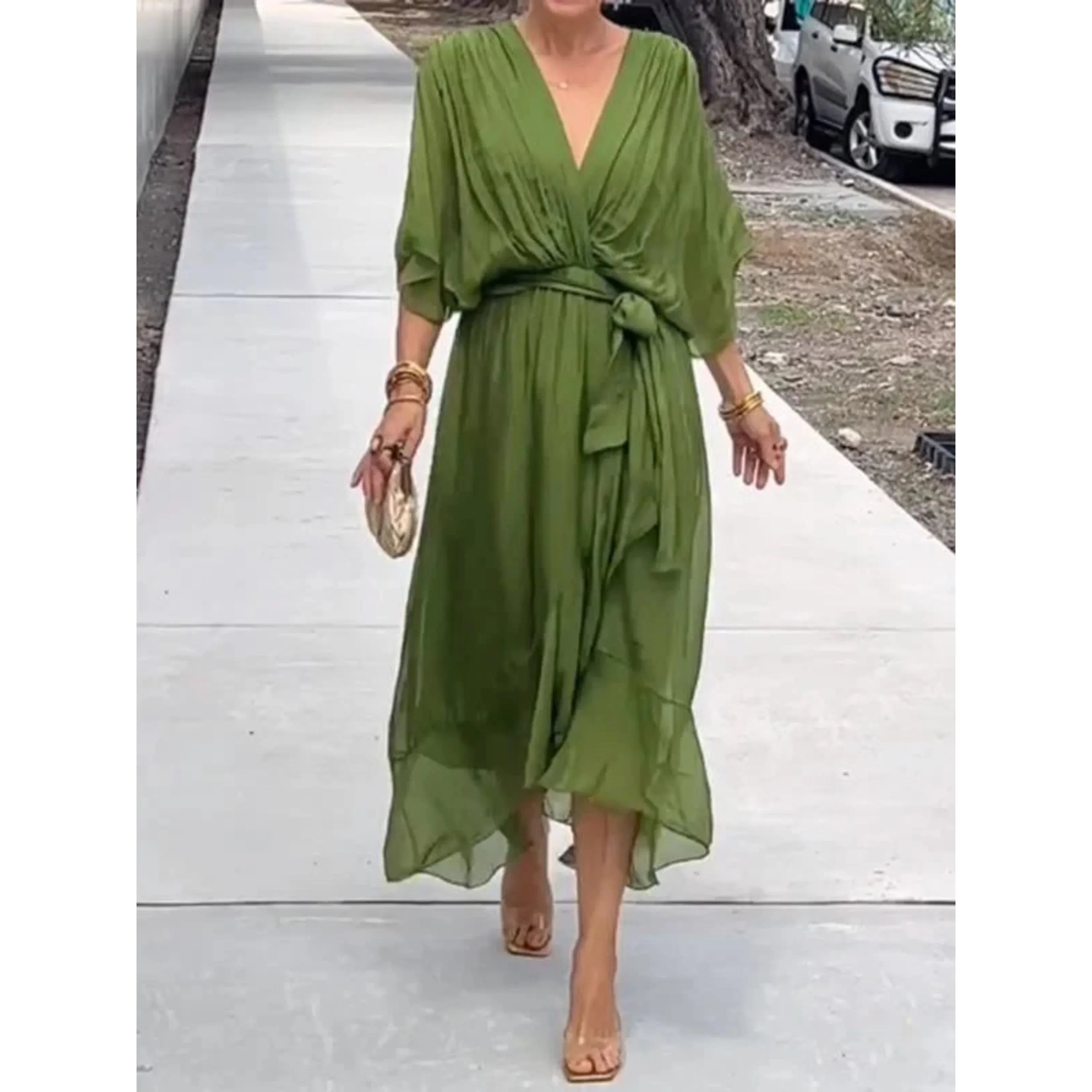 Women's V-Neck Midi Dress with Defined Waist