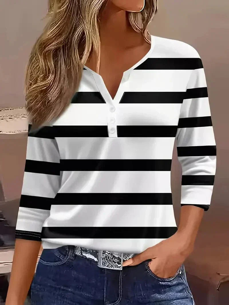 Women's Striped V-Neck Top with 3/4 Sleeves
