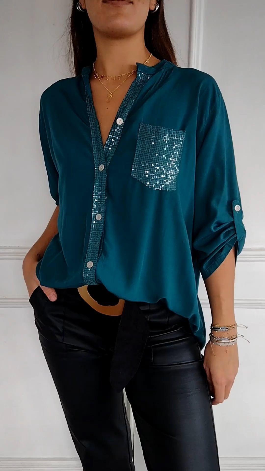 Women's Sequin Pocket Button-Up Blouse