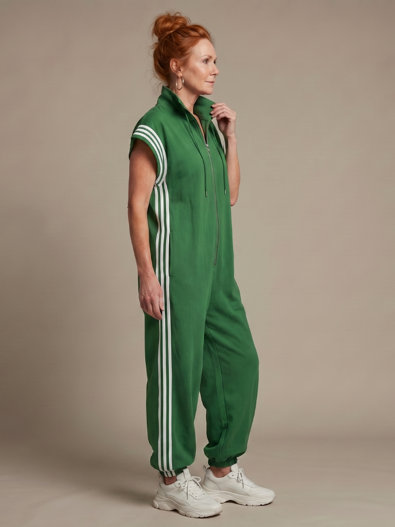 Women's Retro Zip-Up Jumpsuit with Side Stripes