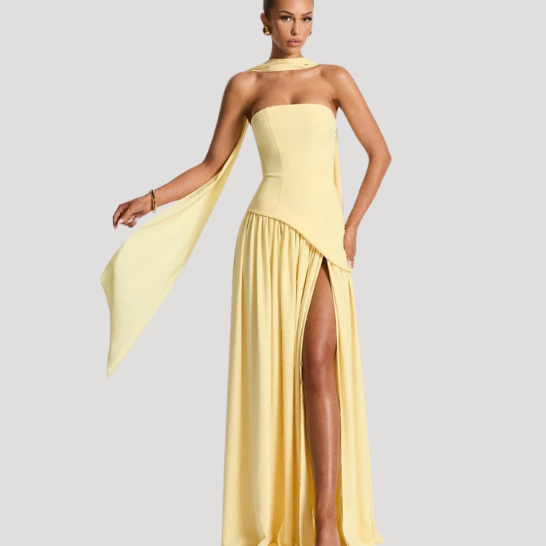 Women's Strapless High-Slit Evening Maxi Dress with Scarf Detail