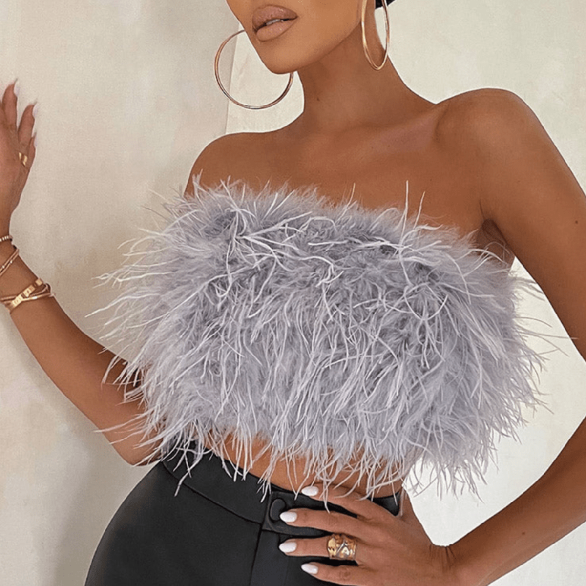 Women’s Strapless Feather Trim Party Crop Top