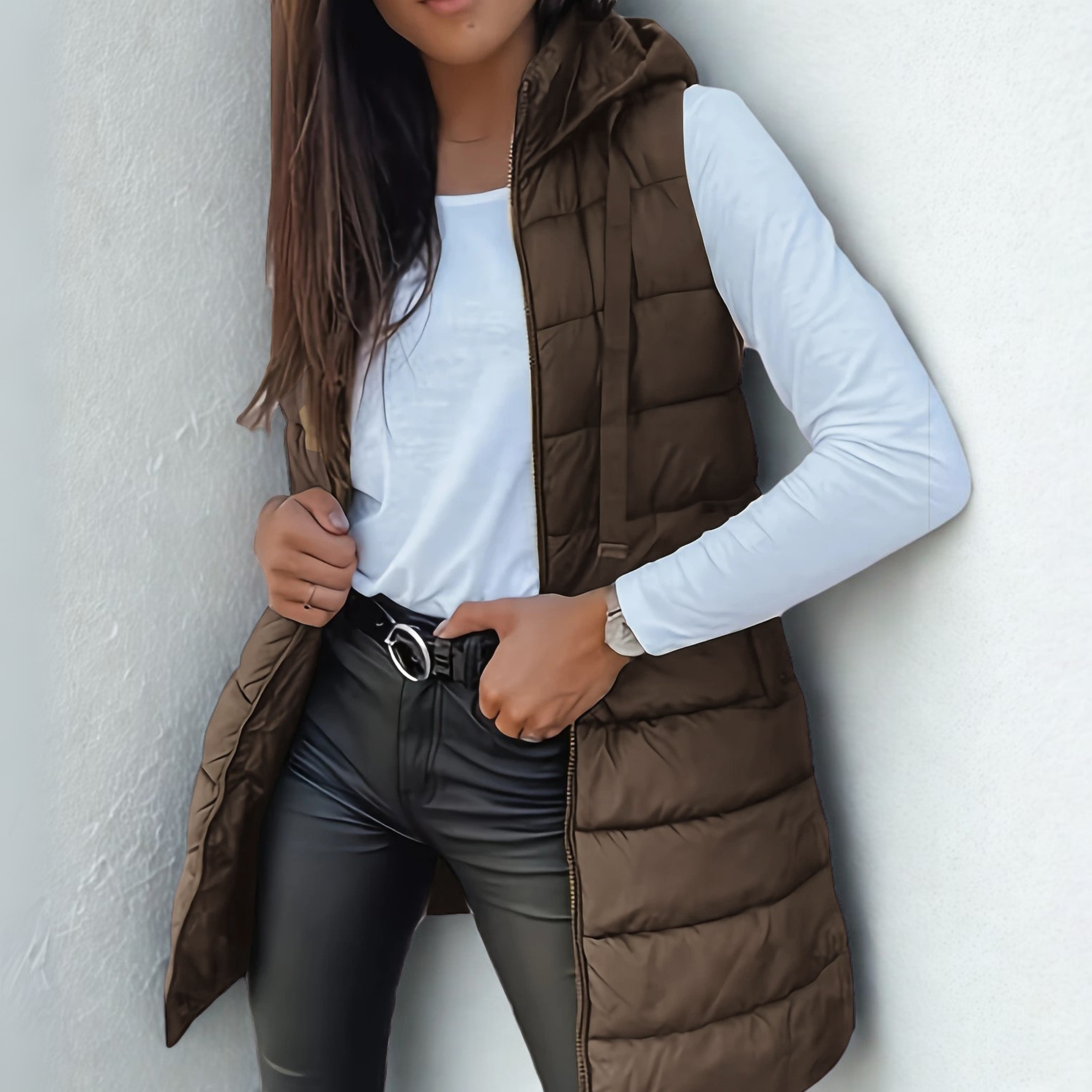 Women's Long Hooded Quilted Sleeveless Puffer  Vest
