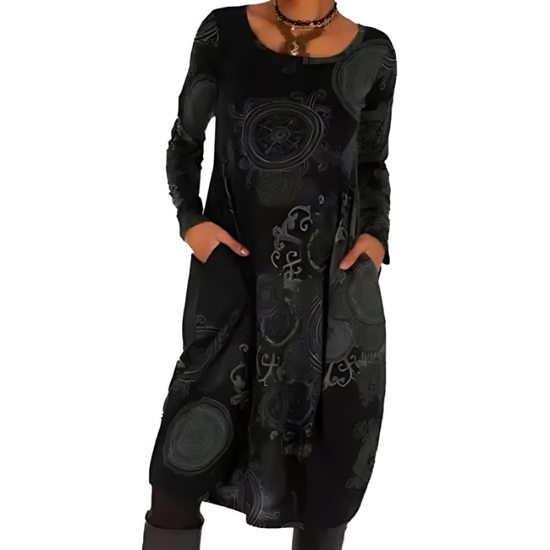 Women's Bohemian Abstract Print Midi Dress with Pockets