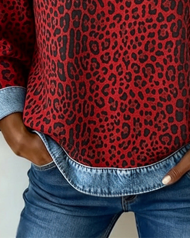 Women's Leopard Print Denim Patchwork Sweatshirt