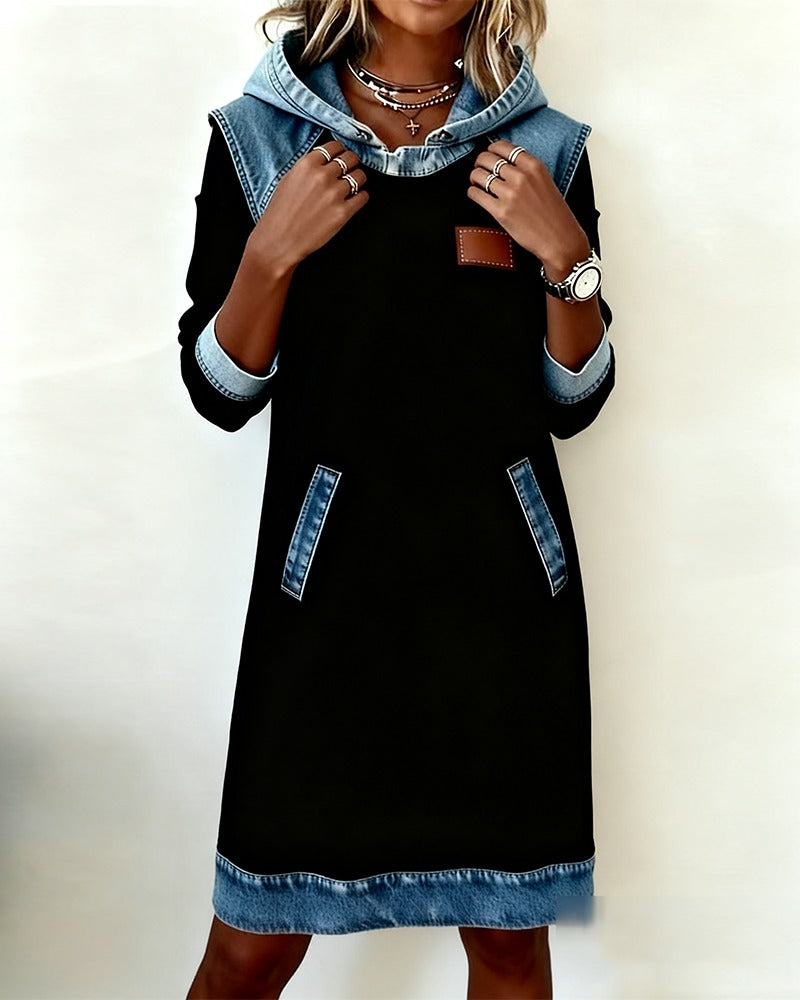 Women's Hooded Denim Trim Sweatshirt Dress