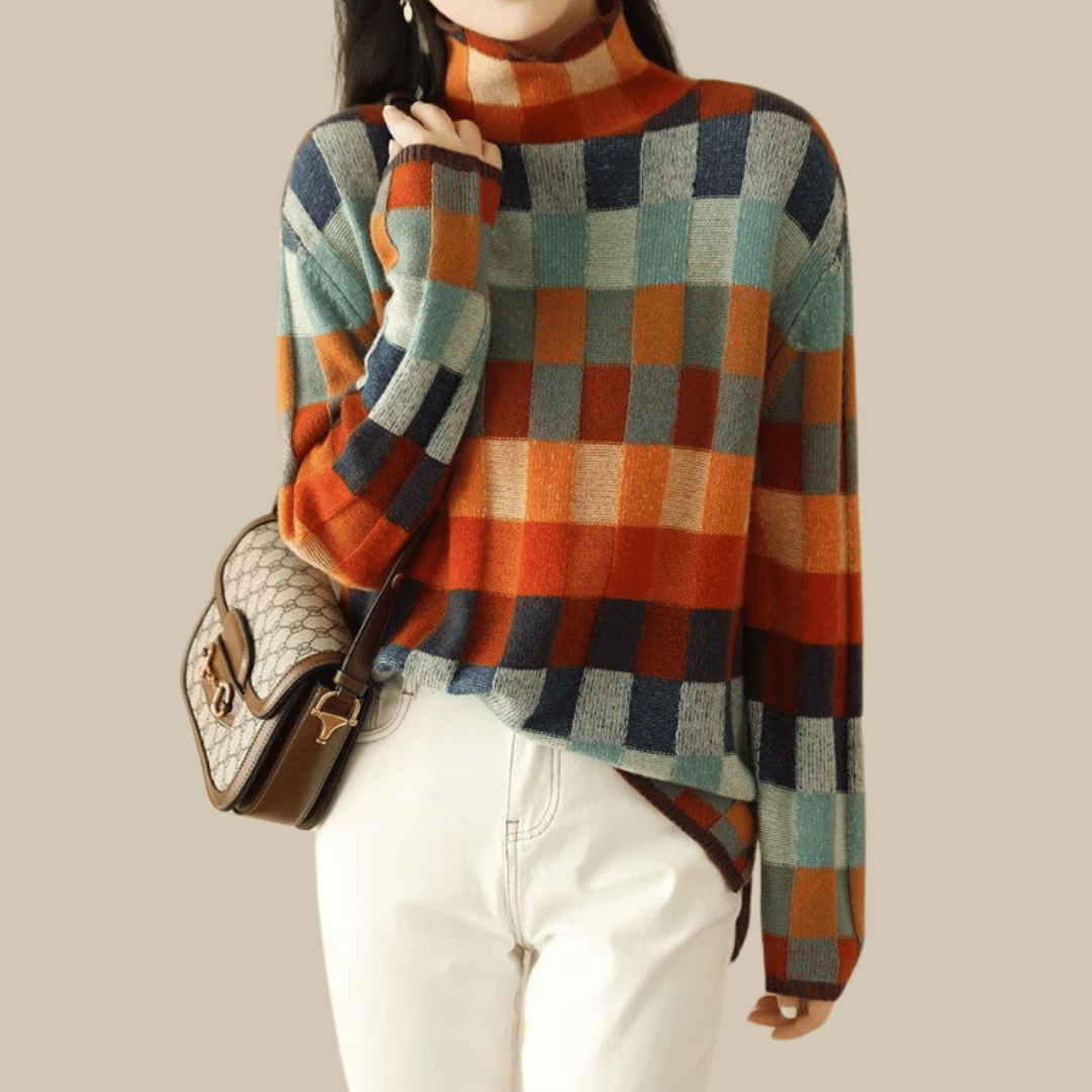 Stylish Women's Turtleneck Sweater with Patchwork Design