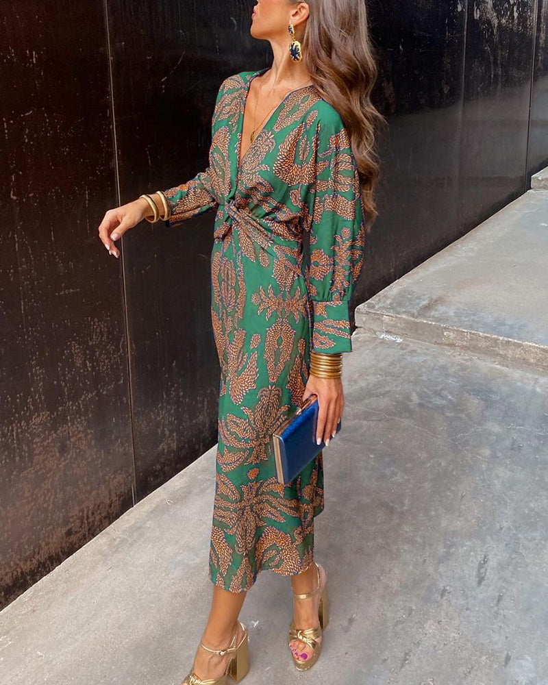 Long Sleeve V-Neck Boho Knot Front Midi Dress