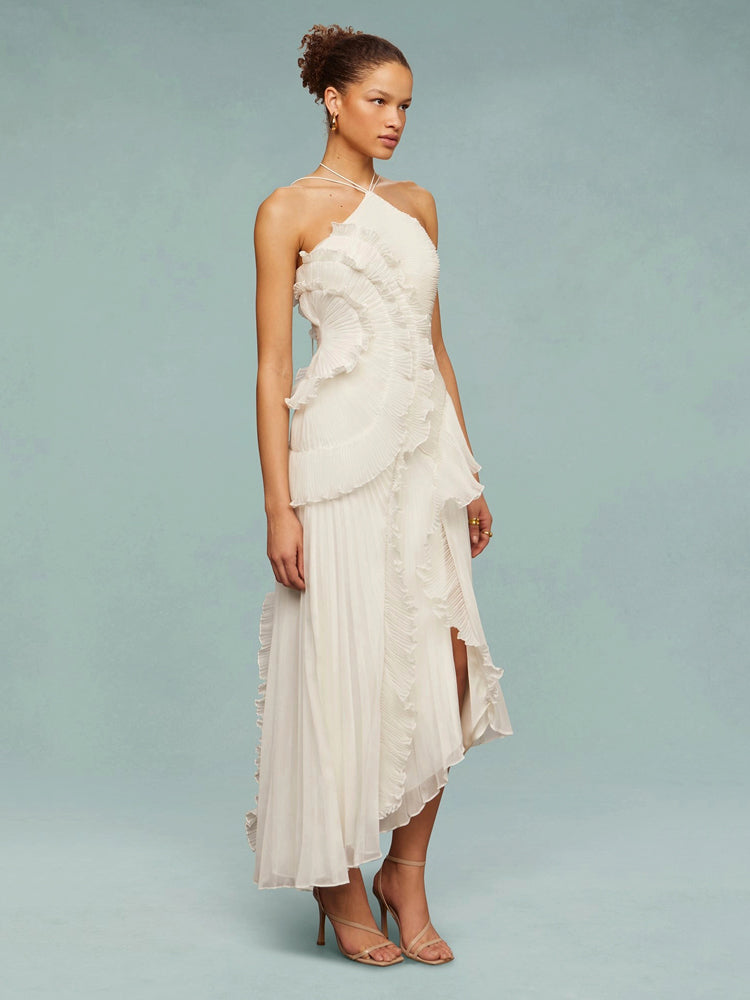 Women’s One-Shoulder Ruffle Maxi Dress with Pleated Asymmetrical Hem