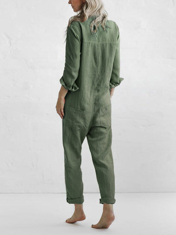 Relaxed Long Sleeve Button Front Utility Jumpsuit