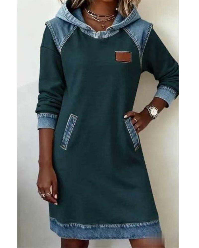 Women's Hooded Denim Trim Sweatshirt Dress