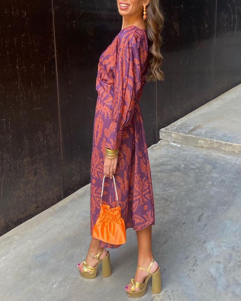 Long Sleeve V-Neck Boho Knot Front Midi Dress