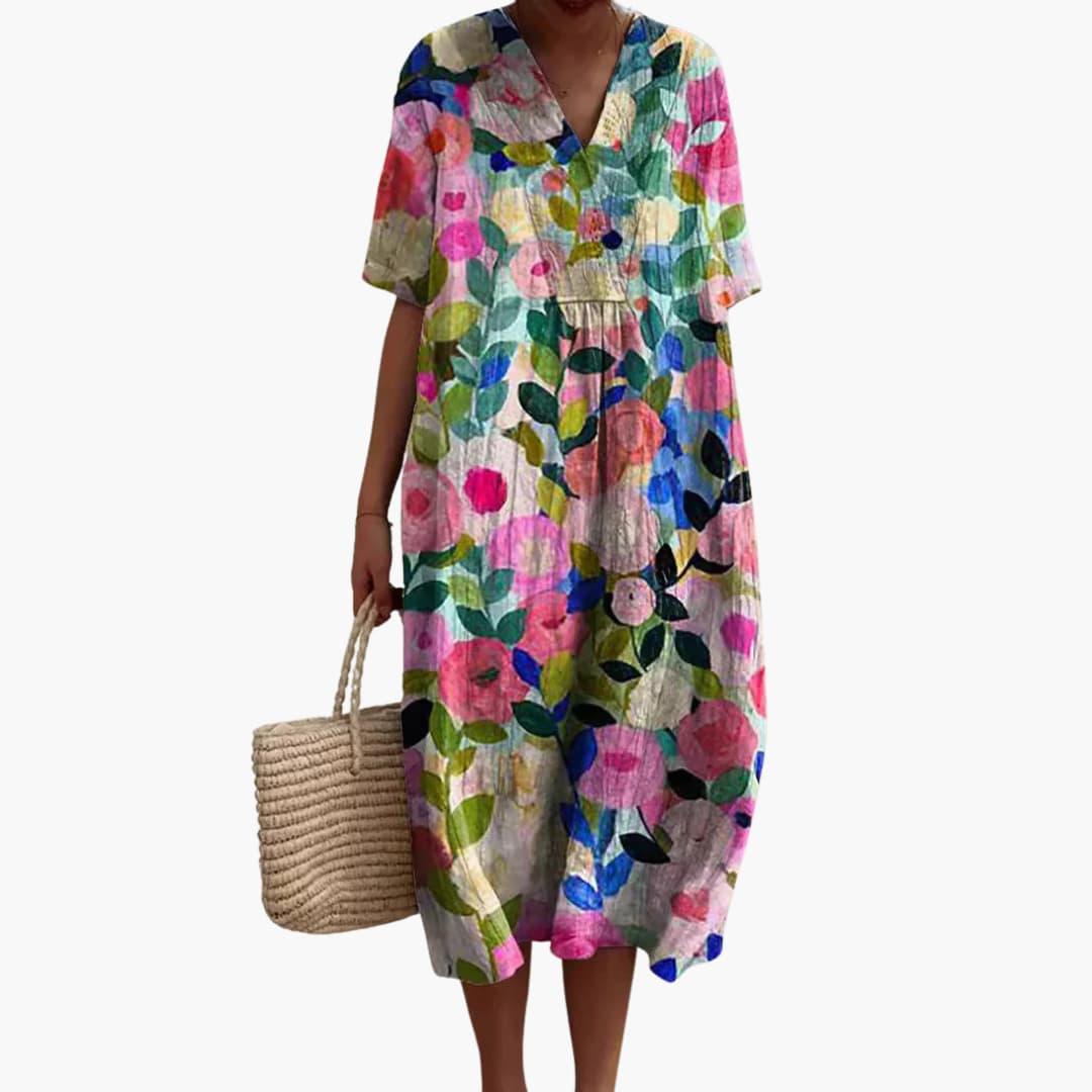 Women's Floral Print Relaxed Midi Dress with Pockets