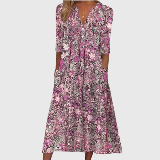 Women's Vintage Floral Print V-Neck Midi Dress