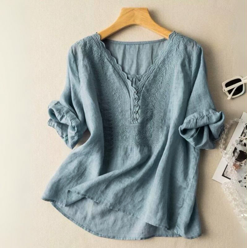 Women's Embroidered V-Neck Blouse with Relaxed Fit