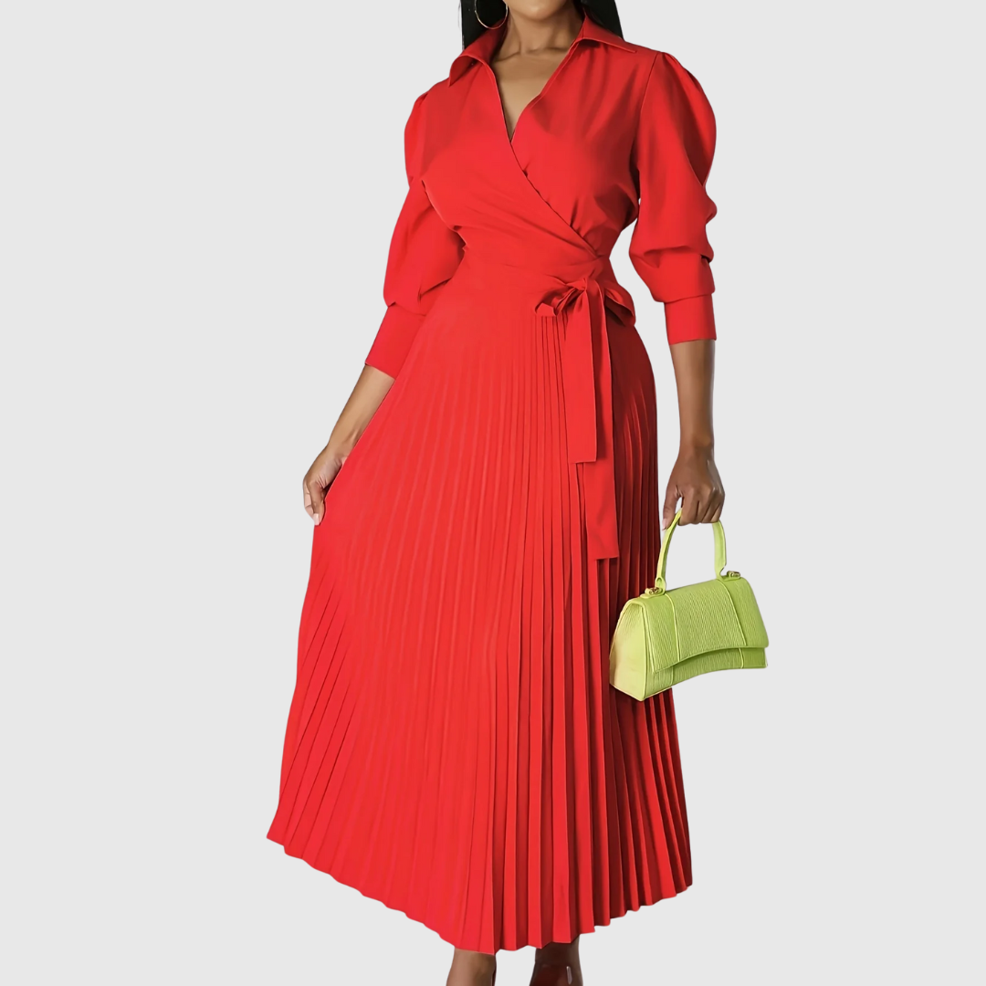 Women's Pleated Wrap Maxi Dress with Tie Waist