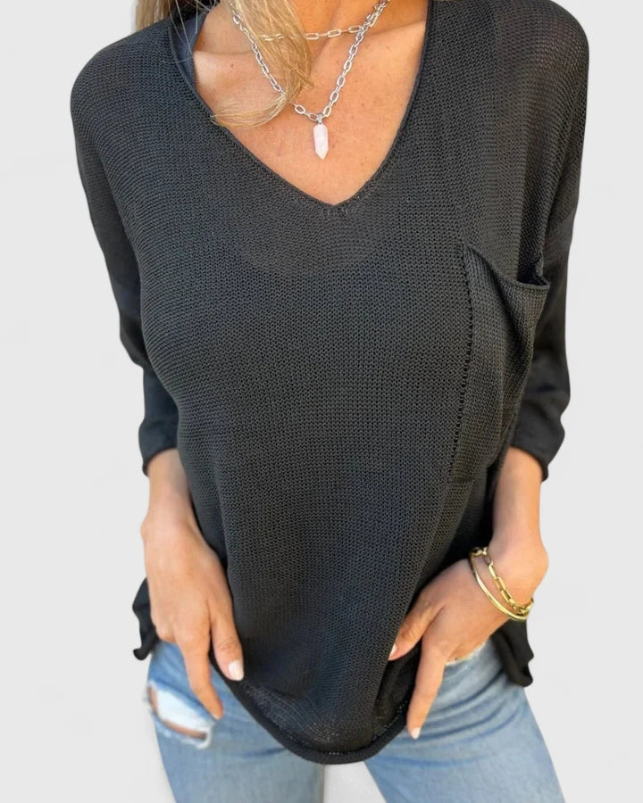 Women's V-Neck Fine Knit Sweater with Chest Pocket