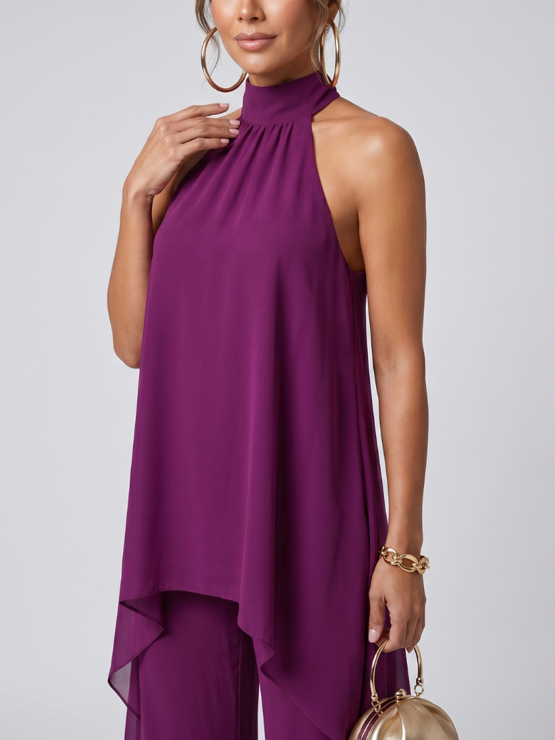 Women's Halter Neck Layered Top & Wide Leg Pants Set