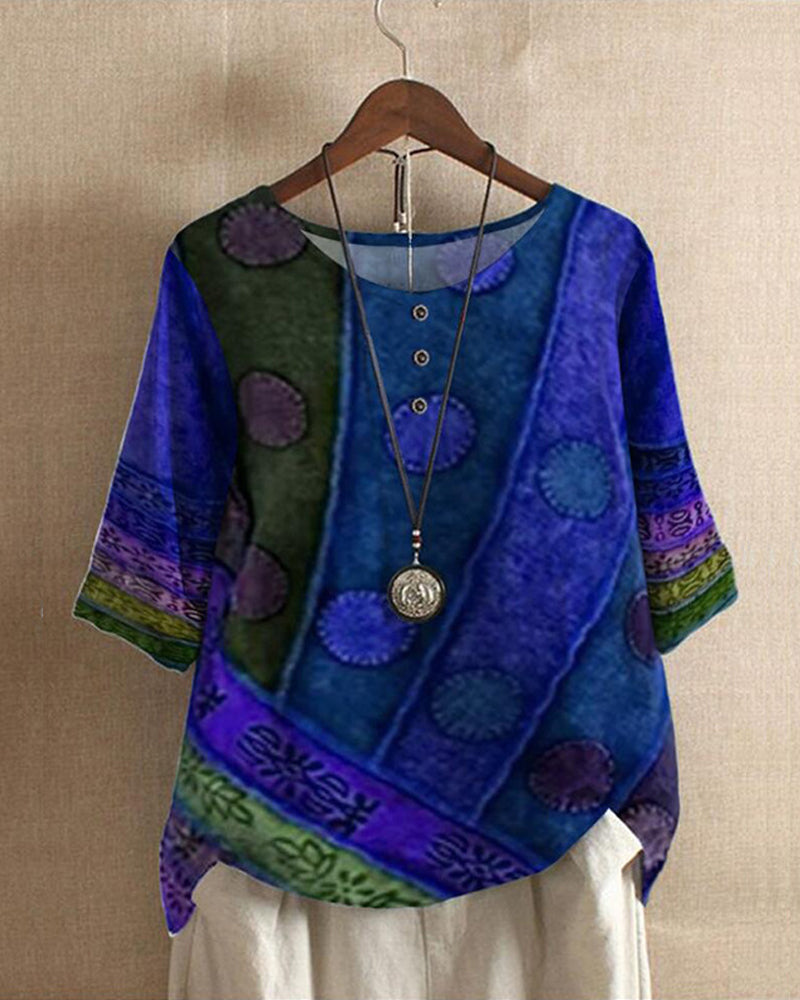 Women's Vintage Bohemian Patchwork Print Relaxed Tunic Top