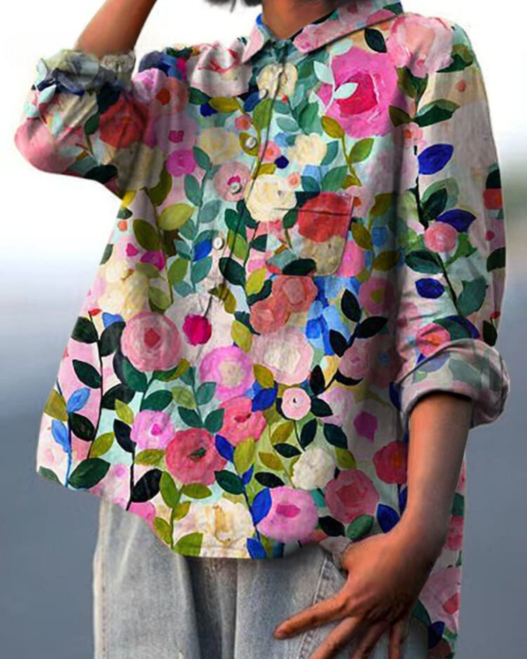 Long Sleeve Floral Print Button Front Blouse for Women