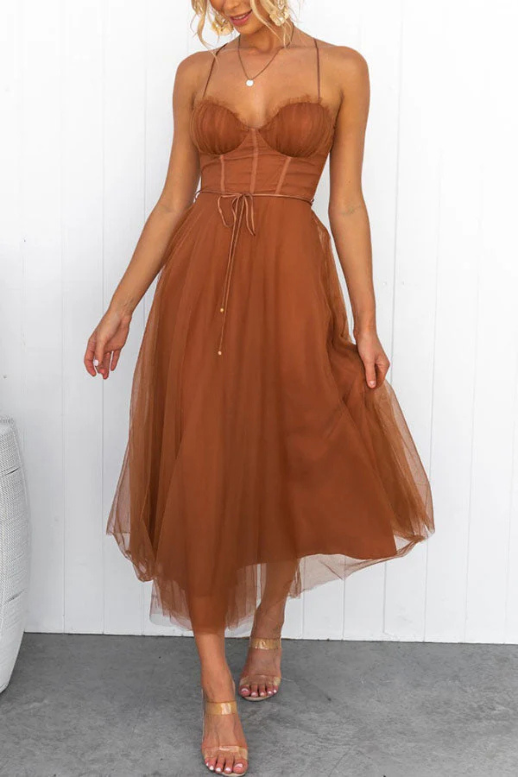 Women’s Sweetheart Neck Tulle Midi Dress