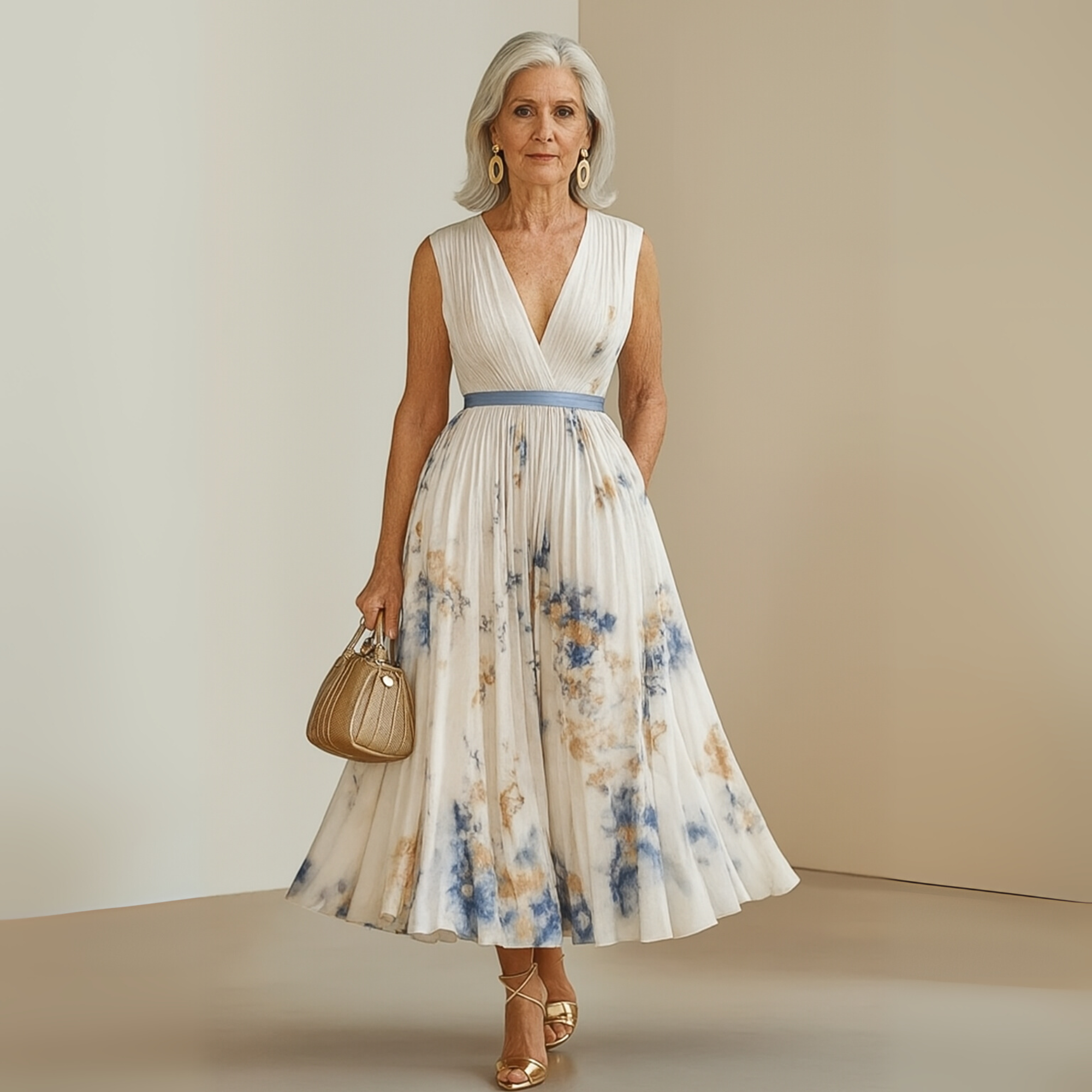 Women's Sleeveless Deep V-Neck Pleated Maxi Dress