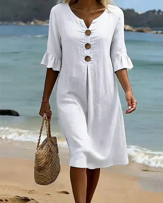 Women's V-Neck Button Ruffle Cuff Midi Dress