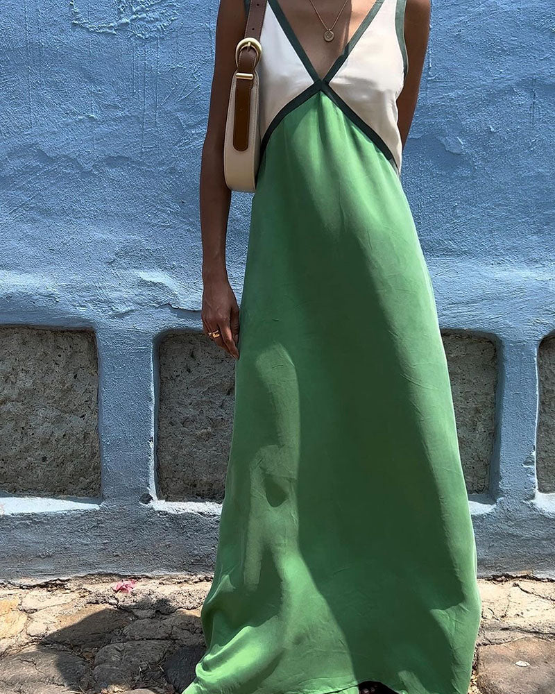 Women's Chic V-Neck Dress with Contrasting Color Detailing