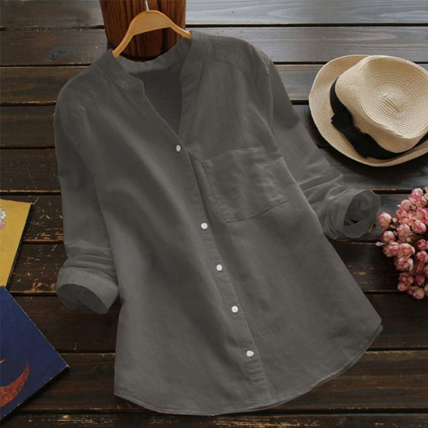 Women’s Relaxed Button-Up Blouse with Roll-Up Sleeves and Chest Pocket