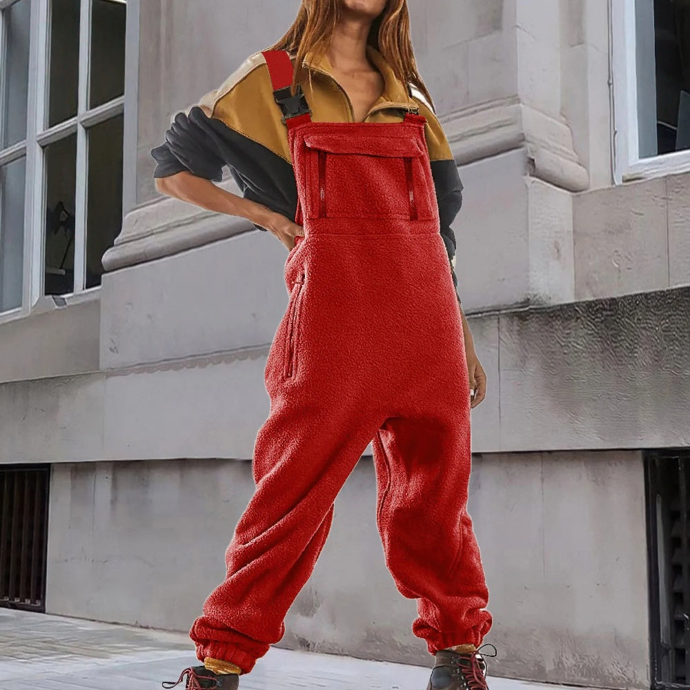 Women's Cozy Fleece Bib Jumpsuit with Adjustable Straps