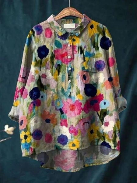 Women's Abstract Floral Long Sleeve Button-Front Blouse