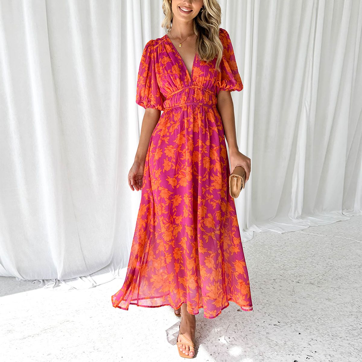 Women’s Floral V Neck Maxi Dress with Flowing Skirt and Short Puff Sleeves