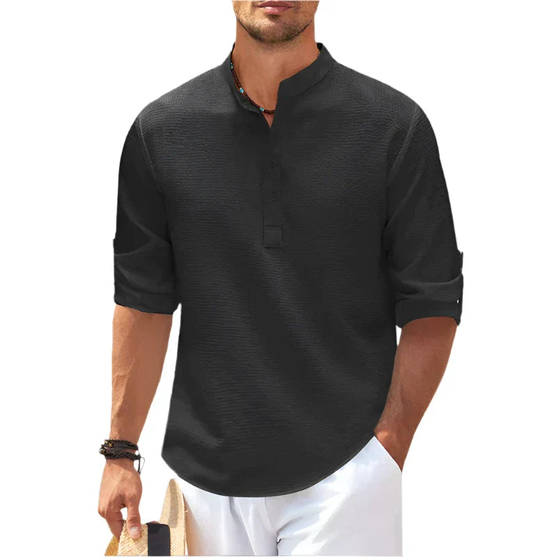 Men’s Band Collar Henley Shirt with Button Placket and Rolled Sleeves
