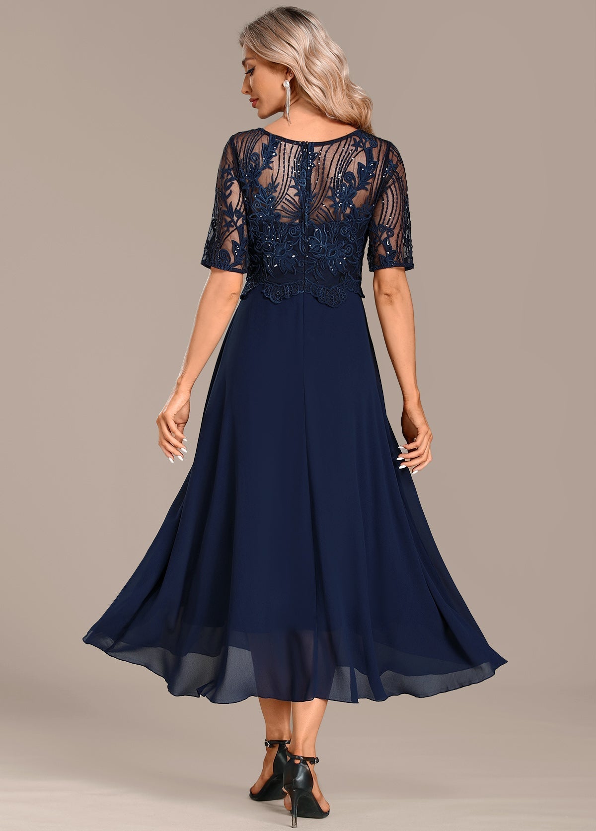 Women's Elegant Floral Lace Chiffon Midi Evening Dress